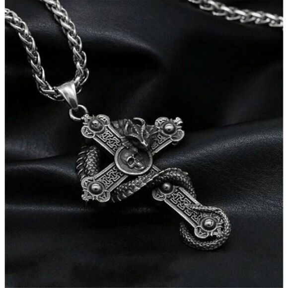 Dragon Skull Cross Mystical Unisex Stainless Steel Pendant Necklace - Picture 4 of 8